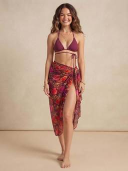 WomanLikeU - Women Wine Polyamide Bikini Top with Bikini Bottom and Sarong