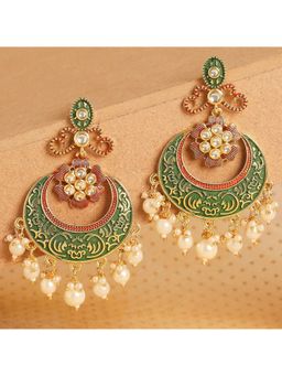 OOMPH - Jewellery Green Meenakari Enamel Kundan and Pearls Ethnic Chandbali Earrings