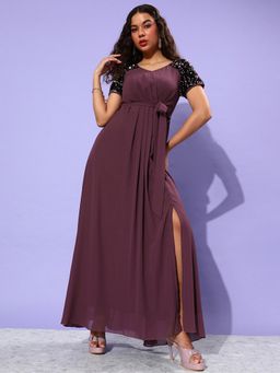 Miss Chase - Womens Mauve Relaxed Fit Maxi Georgette Dress