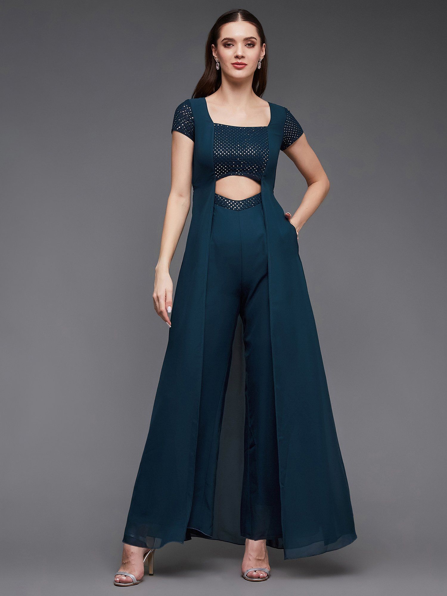 miss chase Women's Teal Embellished Cut Out Relaxed Fit All That Glitter Jumpsuit-picture-19