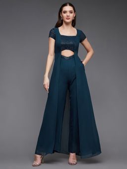Miss Chase - Women's Teal Embellished Cut Out Relaxed Fit All That Glitter Jumpsuit