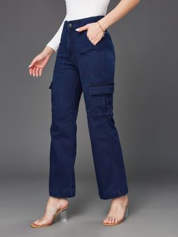 Miss Chase - Womens Navy Blue Wide-Leg High-Rise Stretchable Denim Cargo Jeans