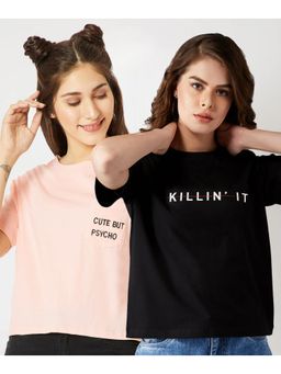 Miss Chase - Black & Peach Cotton Cropped Boxy Printed & Solid T-shirt (Pack of 2)