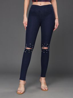 Miss Chase - Womens Navy Blue Skinny Knee Slit Embellished Stretchable Denim Jeggings