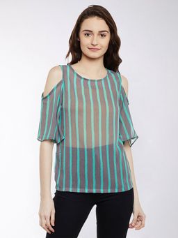 Miss Chase - Womens Multicolor Striped Round Neck Half Sleeve Sheer Cold Shoulder Top