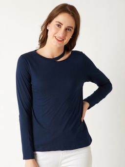 Miss Chase - Womens Navy Blue Round Neck Full sleeve Cut-Out Slit Shoulder Top