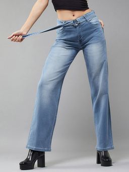 Miss Chase - Womens Blue Cotton Wide-Leg Relaxed Mid Rise Stretchable Denim Jeans (Set of 2)
