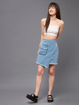 Miss Chase - Women's Light Blue Regular High rise Above Knee Stretchable Denim Skirt