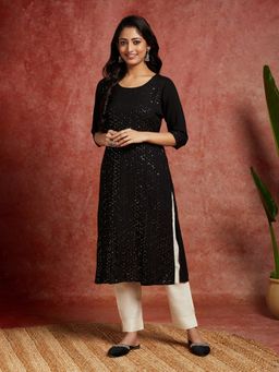 Libas - Black Viscose Rayon Embroidered Sequins Straight Kurta