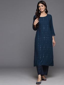 Libas - Navy Blue Viscose Rayon Embroidered Sequins Detail Kurta