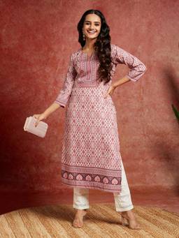 Libas - Pink Crepe Ethnic Printed Straight Kurta