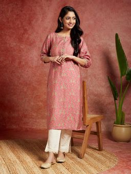 Libas - Pink Silk Blend Floral Printed with One Sided Pocket Straight Kurta