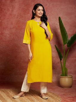 Libas - Mustard Viscose Rayon Solid Thread Work Straight Kurta