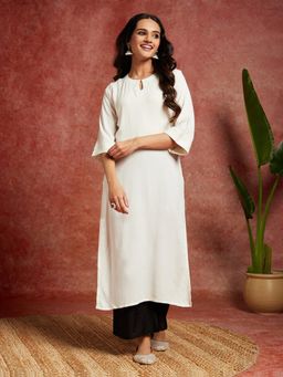 Libas - Off White Viscose Rayon Solid Thread Work Straight Kurta
