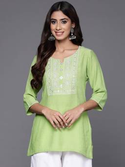 Libas - Women Embroidered Green Cotton Blend Kurti
