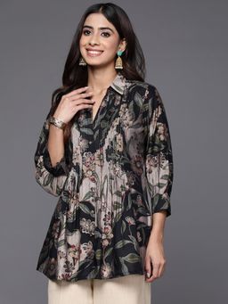 Libas - Women Floral Printed Black Silk Blend Kurti