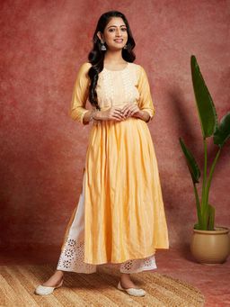 Libas - Yellow Silk Blend Stripes A-Line Kurta with Embroidered Belt (Set of 2)