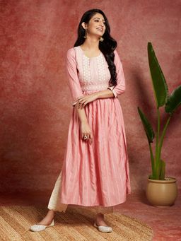 Libas - Pink Silk Blend Yoke Design A-Line Kurta with Embroidered Belt (Set of 2)
