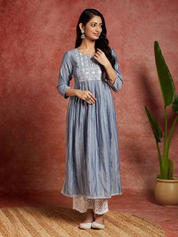 Libas - Blue Silk Blend Stripes Embroidered Detail A-Line Kurta