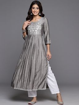 Libas - Grey Silk Blend Stripes Embroidered A-Line Kurta