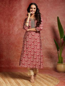 Libas - Maroon Silk Blend Yoke Design Printed Straight Kurta