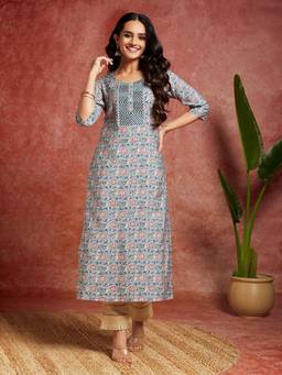 Libas - Grey Silk Blend Printed Embroidered Straight Kurta
