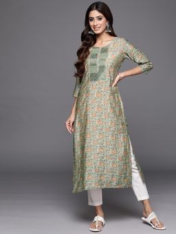 Libas - Green Silk Blend Yoke Design Printed Straight Kurta