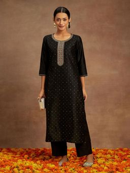 Libas - Black Silk Blend Printed Embroidered Straight Kurta