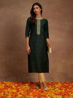 Libas - Green Silk Blend Embroidered Straight Kurta
