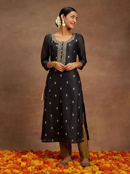 Libas - Charcoal Silk Blend Embroidered Sequined Straight Kurta