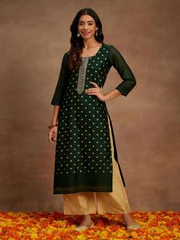 Libas - Green Chanderi Silk Woven Embroidered Straight Kurta