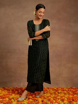 Libas - Green Chanderi Silk Stripes Embroidered Work Straight Kurta