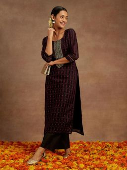 Libas - Purple Chanderi Silk Stripes Embroidered Work Straight Kurta