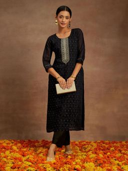 Libas - Navy Blue Chanderi Silk Stripes Embroidered Work Straight Kurta