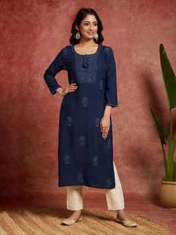 Libas - Navy Blue Viscose Rayon Embroidered Kurta