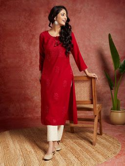 Libas - Red Viscose Rayon Embroidered Kurta
