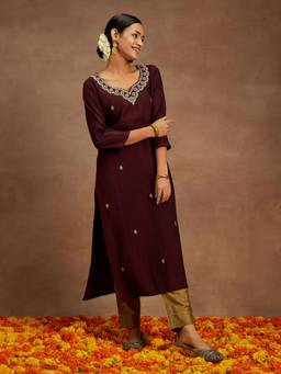 Libas - Burgundy Silk Blend Yoke Floral Embroidered Straight Kurta