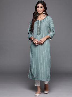Libas - Green Cotton Blend Stripes Embroidered Straight Kurta