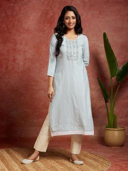 Libas - Powder Blue Cotton Blend Stripes Embroidered Straight Kurta