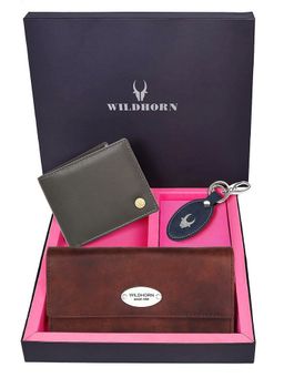 WILDHORN - Premium Leather Ladies Wallet, Mens Wallet and Keychain Gift -1K_CR_2052GN_K (Set of 3)