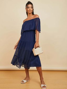 Styli - Blue Off Shoulder Dobby Spot Tiered Midi Dress