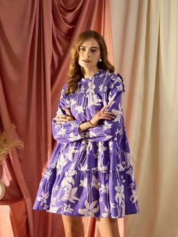 KASSUALLY - Women Purple Ruffled Neck Mini Dress