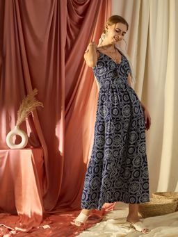 KASSUALLY - Women Navy Blue V-Neck Maxi Dress