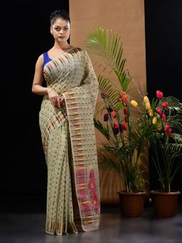 CHARUKRITI - Pistachio Green Handwoven Saree with Woven Buttas & Ethnic Designs