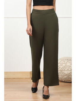 Biba - Women's Olive Green Solid Stretchable Relaxed Fit Pant
