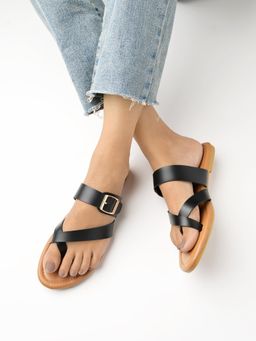 Shoetopia - Stylish Side Buckle Detailed Black Flats for Girls