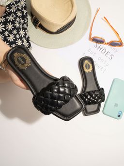 Shoetopia - Girls Black Braided Open Toe Flats