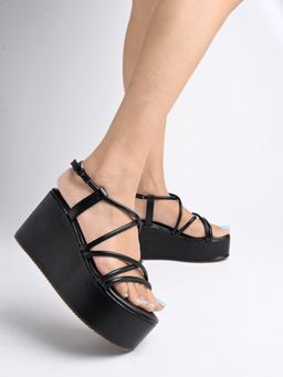 Shoetopia - Multi Straps Casual Black Flatforms for Girls