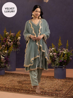 Gajra Gang - Miss Makhmali Green Velvet Kurta, Semi Salwar & Dupatta GGSKD101 (Set of 3)