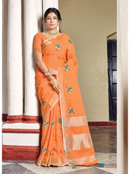 Sangam Prints - Orange Floral Printed Traditional Tassels Saree with Unstitched Blouse